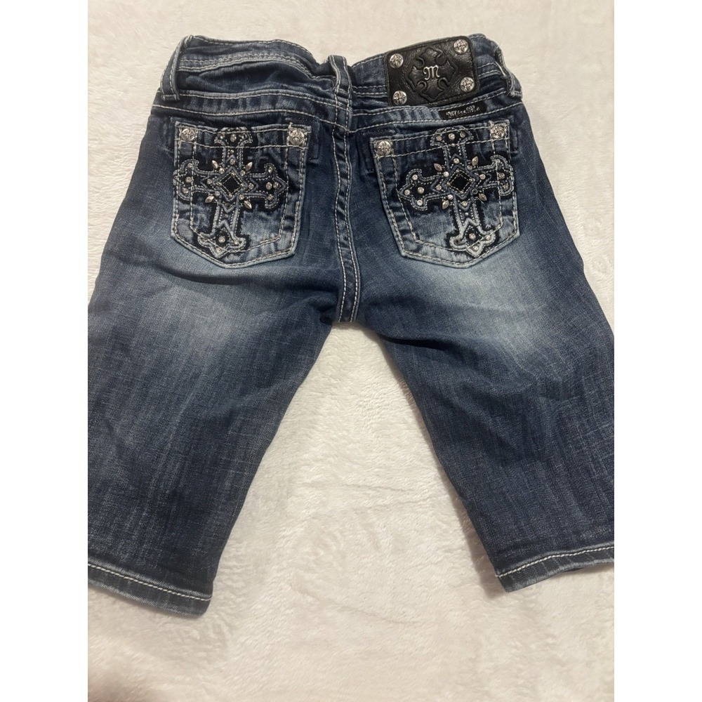 Miss Me Bermuda Shorts Womens Size 12 Blue Denim Distressed Cross Pockets